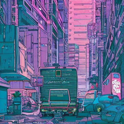 Prompt: painting of an RV in a cyberpunk city by Laurie Greasley, hyper detailed, vivid colors