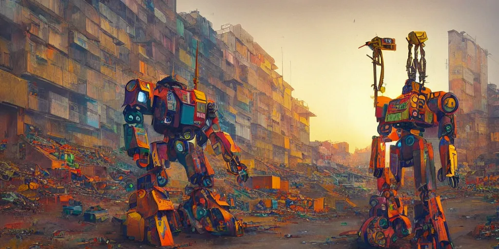 Image similar to colourful - damaged - giant mecha ROBOT of AJEGUNLE SLUMS in Lagos, markings on robot, Golden Hour, painting by Hsiao-Ron Cheng,