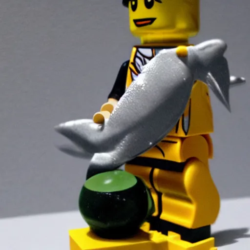 Image similar to lego sculpture of an astronaut catching a huge salmon, thoughtful, elegant, real