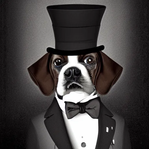 Prompt: portrait of a dog wearing a suit and a top hat and a monocle on one eye, digital art, duotone