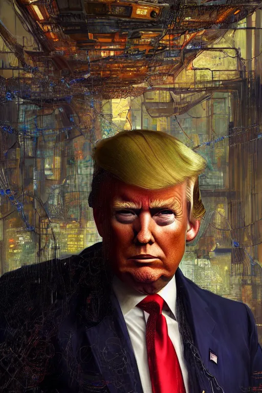 Prompt: hyperrealist cyberpunk portrait of donald j trump, it is decorated with long computer wires and computer monitors in the cyberpunk office background. by jeremy mann and alphonse mucha, fantasy art, photo realistic, dynamic lighting, artstation, poster, volumetric lighting, very detailed faces, 4 k, award winning