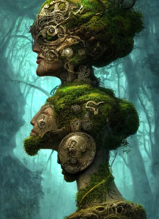 Image similar to Portrait of an Ancient Stone Robot with a tree growing out of her head, patches of moss, translucent leaves, extremly detailed digital painting, in the style of Tomasz Alen Kopera and Fenghua Zhong and Peter Mohrbacher, mystical colors, rim light, beautiful lighting, 8k, stunning scene, raytracing, octane, trending on artstation