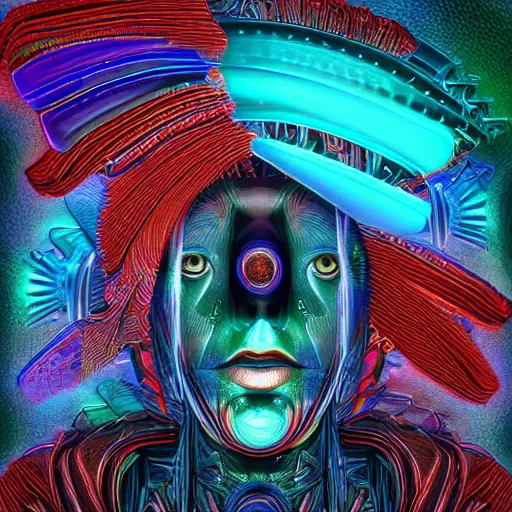 Image similar to Face of an Alien Deity, centered, corals, plume made of geometry, extremely detailed digital painting, sharp focus in the style of android jones, artwork of a futuristic artificial intelligence superstar with frames made of detailed circuitry , mystical colors, rim light, beautiful lighting, 8k, stunning scene, raytracing, octane, under water visual distortion, dark tones colors, trending on artstation