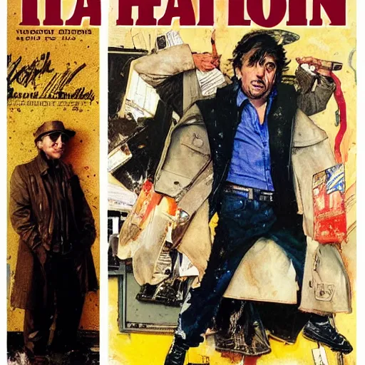 Image similar to full body and head portrait of al pacino in tattered suit and trench coat, dynamic action, painted by norman rockwell and phil hale and greg staples and tom lovell and frank schoonover and jack kirby