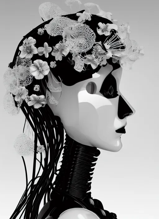 Prompt: black and white dreamy profile face portrait, biomechanical beautiful angelic young female cyborg - robot - doll with long hair made of flowers, body ribs meshes, volumetric light, hibiscus flowers, rim light, big gothic fashion pearl embroidered collar, 1 9 3 0, 8 k