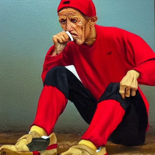 Image similar to a man in cheap and red used sportswear. he is smoking a cigarette. he is sitting on a dead dog. he is on the side of the road. he is wearing slippers. it is a rural scene, in poor village, dramatic lighting, hyper detailed, surreal, hyperrealism, oil painting