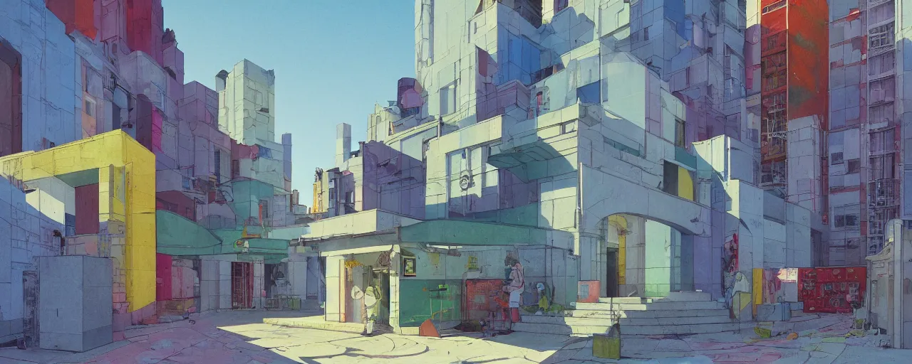 Image similar to neo brutralism, concrete housing, an archway, concept art, colorful, vivid colors, sunshine, light, shadows, reflections, oilpainting, cinematic, 3D, in the style of Akihiko Yoshida and Edward Hopper