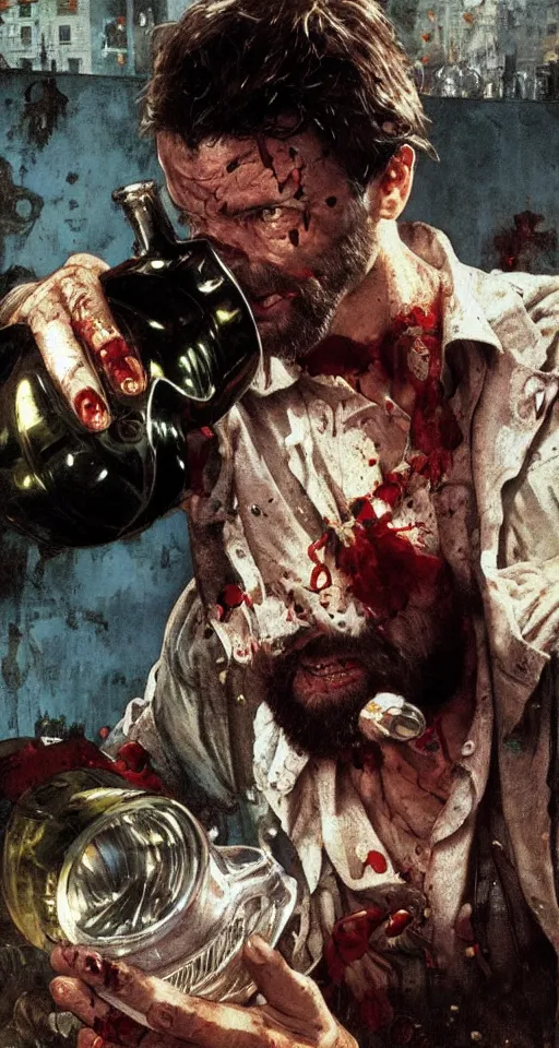 Image similar to close up of bloodied max payne pouring a drink, sun shining, photo realistic illustration by greg rutkowski, thomas kindkade, alphonse mucha, loish, norman rockwell.