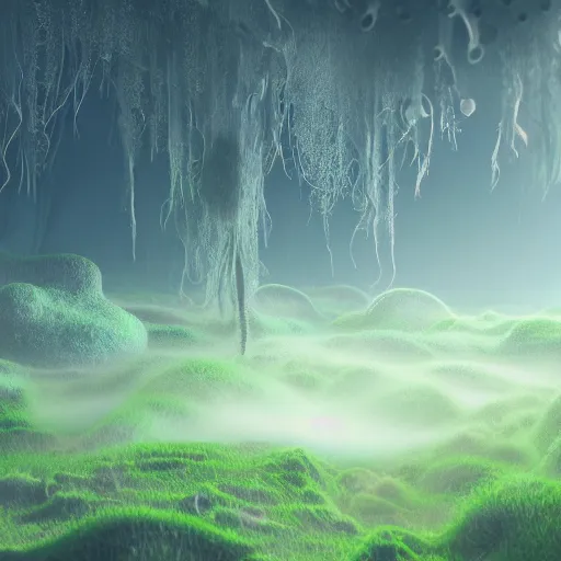Prompt: a gloomy swamp of celestial moss surrounded by colorful mist with eerie eyes glowing in the shadows and jellyfish flying in the air, ambient occlusion, clean lineart and color, vibrant, trending on Artstation, digital art, cinematic, hyper realism, high detail, octane render, 4k, 8k