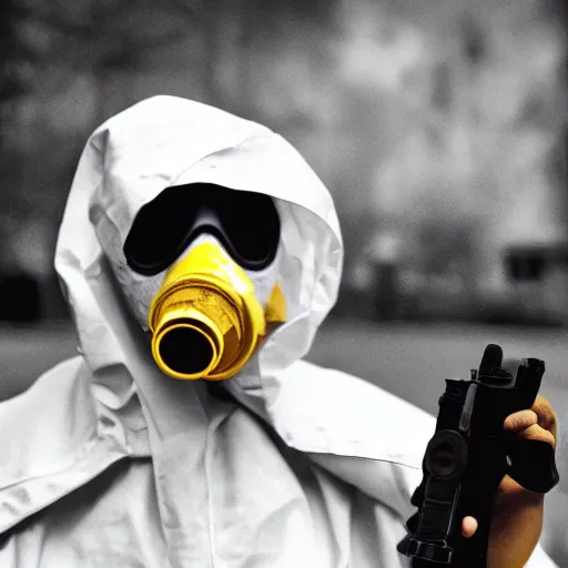 Image similar to a man wearing a hazmat suit and gasmask holding a revolver, film still, cinematic, enhanced