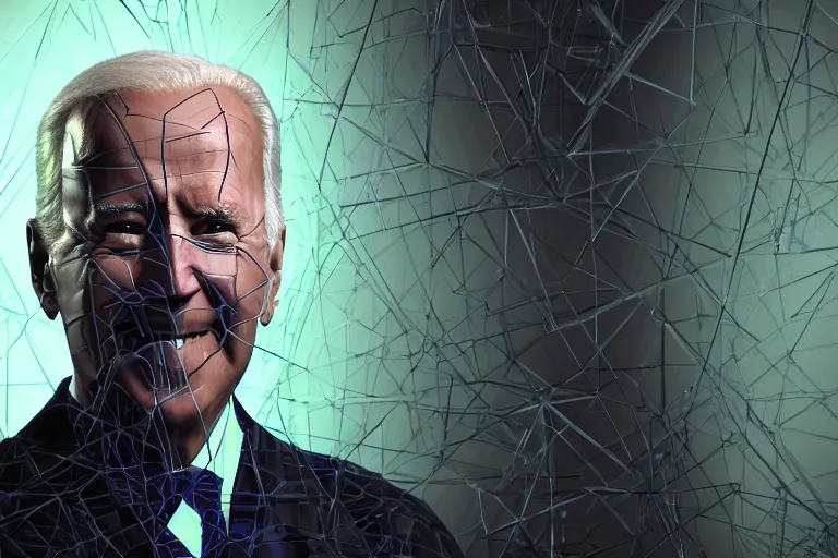 Image similar to creepy joe biden portrait stuck in the matrix, glitchy, buggy, playstation 1 graphics, low poly 3 d render, creepypasta, volumetric lighting, messy, vhs footage, scary, award - winning, detailed, weird, close - up, featured on artstation, ray tracing, 4 k hd, high quality