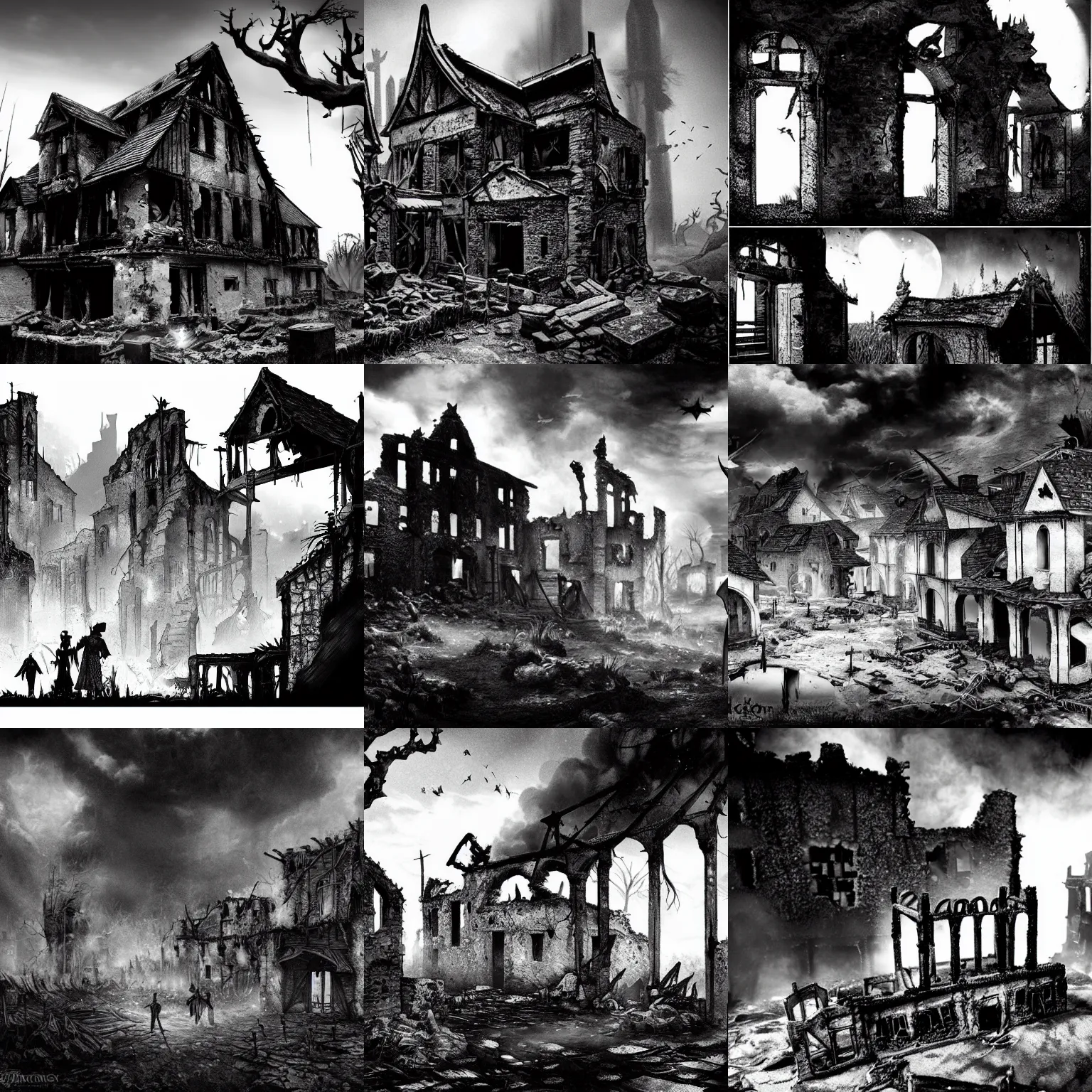 Prompt: a ruined village, set ablaze. dark fantasy, film noir, black and white. high contrast, yami kojima, d & d, osr