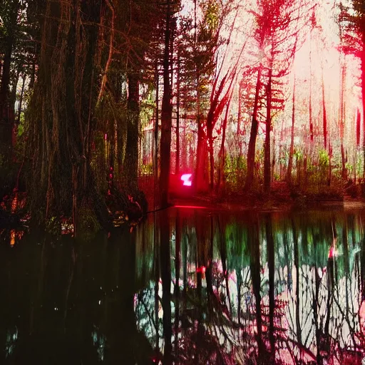 Image similar to a photo of a dream world, forest, river, red spotlight, dark lighting, reflective surface, unreal engine