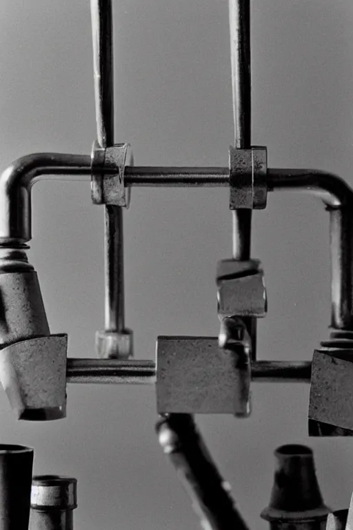 Image similar to a close-up portrait of Marcel Duchamp's industrial chess-piece-building machine in the style of Hito Steyerl and Shinya Tsukamoto and Irving Penn and Robert Frank, minimal contraption