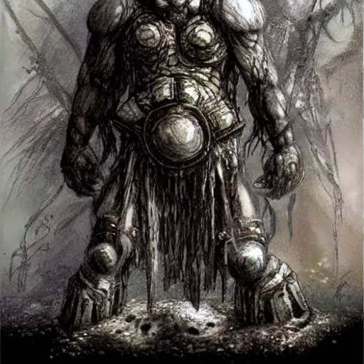 Image similar to Golem with a 12 sided dice as head. Dark Fantasy, concept art, art by Luis Royo