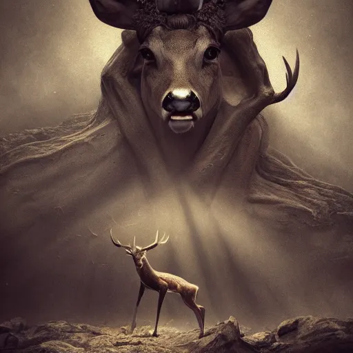 Prompt: deer with human body, scary, dramatic lighting, creepy, nightmare, dream - like heavy atmosphere, neoclassic, baroque painting, beautiful detailed intricate insanely detailed octane render trending on artstation, 8 k artistic photography, photorealistic, volumetric cinematic light, chiaroscuro, raphael, caravaggio, beksinski, giger, rembrandt