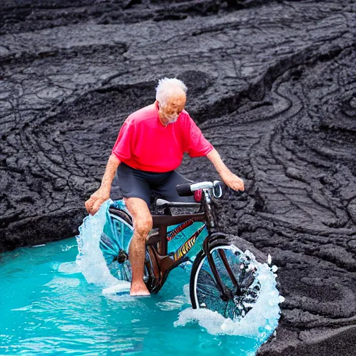 Image similar to elderly man on an aqua bike in a lava flow, volcano, eruption, magma, lava, canon eos r 3, f / 1. 4, iso 2 0 0, 1 / 1 6 0 s, 8 k, raw, unedited, symmetrical balance, wide angle