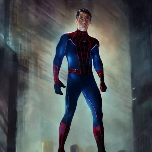 Image similar to ryan reynolds as spider - man, wearing a black and blue suit, cinematic, volumetric lighting, f 8 aperture, cinematic eastman 5 3 8 4 film, photorealistic by greg rutkowski, by stanley artgerm, by alphonse mucha