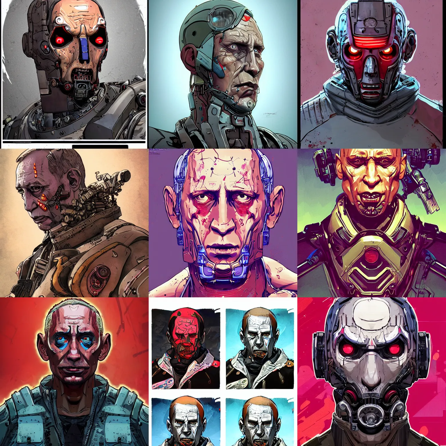 Prompt: a study of cell shaded complex sharp portrait of a cyborg vladimir putin as Borderlands 3 concept art, llustration, post grunge, concept art by josan gonzales and wlop, by james jean, Victo ngai, David Rubín, Mike Mignola, Laurie Greasley, highly detailed, sharp focus, alien, Trending on Artstation, HQ, deviantart, art by artgem