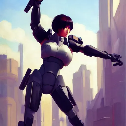 Image similar to greg manchess portrait painting of partially armored motoko kusanagi as overwatch character, medium shot, asymmetrical, profile picture, organic painting, sunny day, matte painting, bold shapes, hard edges, street art, trending on artstation, by huang guangjian, gil elvgren, ruan jia, greg rutkowski, gaston bussiere