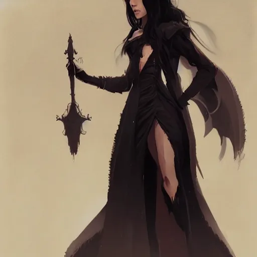 Image similar to female human vampire witch in the style of greg rutkowski, makoto shinkai, trending on artstation, character design, concept art, pretty face, highly detailed, long black hair, portrait, digital art