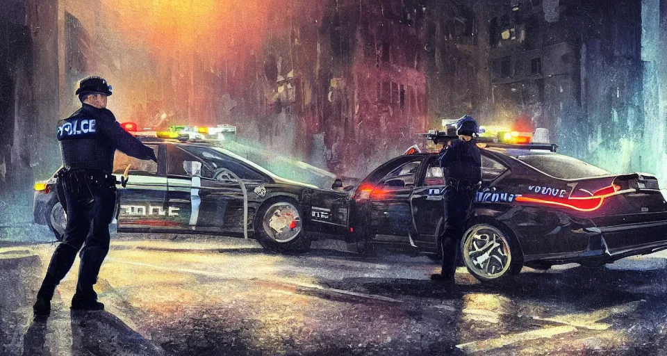 Image similar to as a painting, man getting arrested by police, police car in background with bright police sirens, lens glare, dramatic lighting, cinematic, establishing shot, extremely high detail, photo - realistic, cinematic lighting