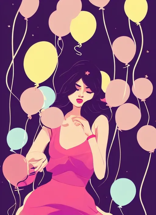 Prompt: woman resembling selena gomez at a birthday party wrapping mickey ears. balloons. clean cel shaded vector art. shutterstock. behance hd by lois van baarle, artgerm, helen huang, by makoto shinkai and ilya kuvshinov, rossdraws, illustration,