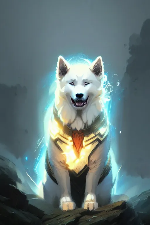 Image similar to comic book cover. heroic samoyed dog in mage clothes by greg rutkowski, trending on artstation