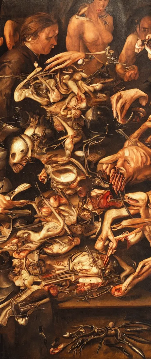 Image similar to renaissance close up studio shot oil painting of vampires at work dissecting a body for dinner