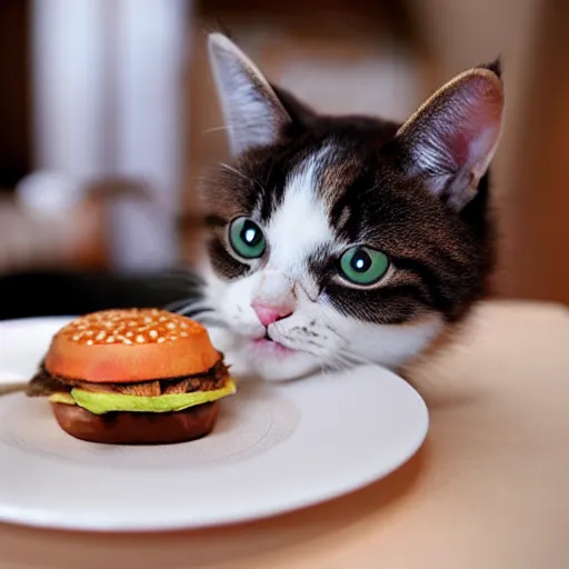 Image similar to realistic photo of a cute cat eating a burger