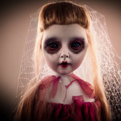 Image similar to photo of porcelain doll with glowing red eyes and rosebud lips, satin vintage clothing, locks of raven hair that goes past her feet, standing spooky mansion stairs with spider webs, photorealistic, cool colors, bokeh, specks of dust, depth of field 20mm,