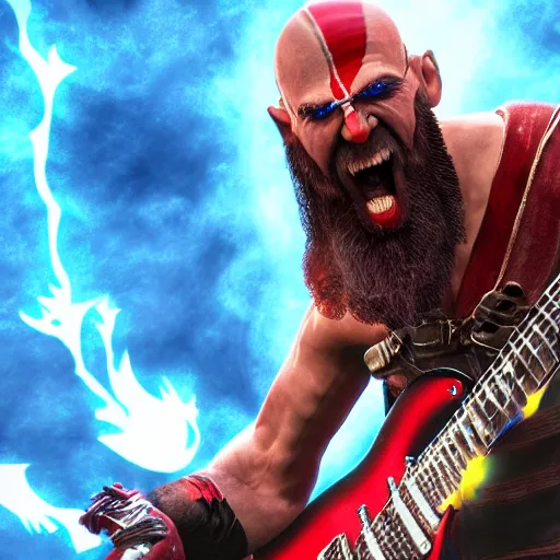 Prompt: sunglasses kratos shredding a solo, flames bursting from stratocaster guitar, cinematic render, god of war 2 0 1 8, santa monica studio official media, sunglasses, lightning, godlike, epic