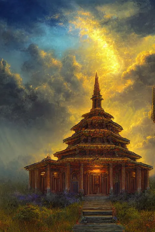 Image similar to digital painting detailed mystical temple under a magic sky by James gurney