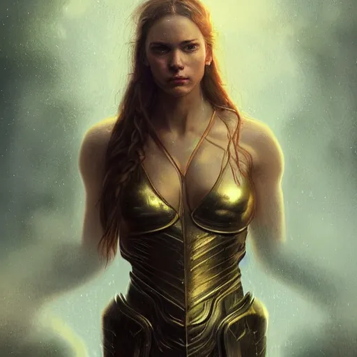 Image similar to attractive aesthetically pleasing young woman portrait, partially clothed in metal-plated battle armor, atmospheric lighting, painted, intricate, volumetric lighting, beautiful, golden hour, sharp focus, ultra detailed, by Leesha Hannigan, Ross Tran, Thierry Doizon, Kai Carpenter,Ignacio Fernández Ríos