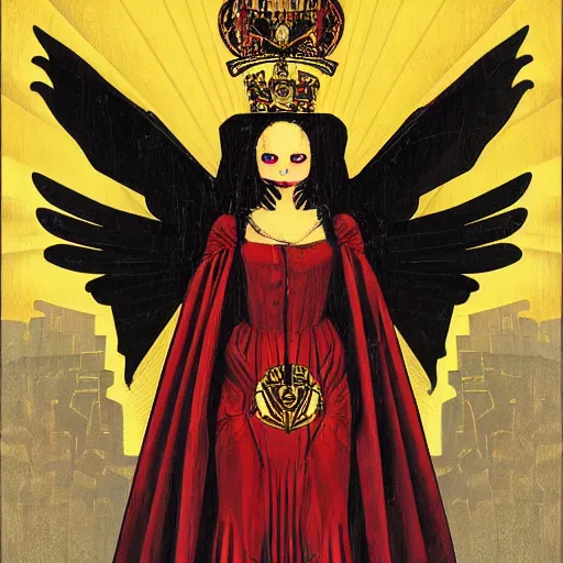 Image similar to Illustrated by Shepard Fairey and H.R. Geiger | a renaissance style portrait painting of raven winged female vampire with VR helmet , wearing a crown and cape, , surrounded by cables, dark background