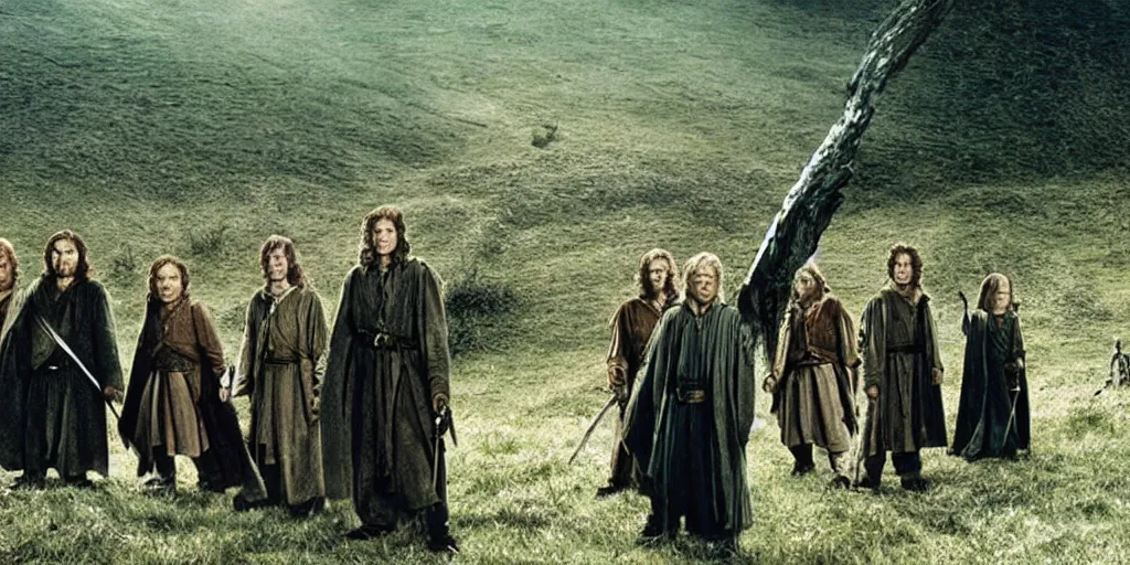 Prompt: the lord of the rings but frodo is the tallest among the fellowship promo shot from movie by peter jackson