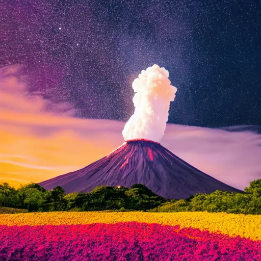 Prompt: photo of a volcano in eruption with a lot of flowers, bright shootings stars in the sky in the background, highly detailled, 4 k