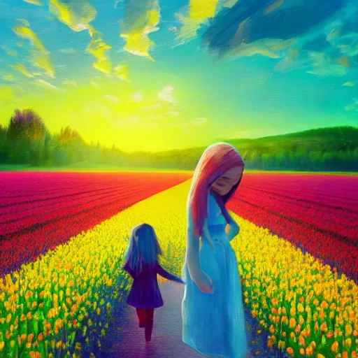 Image similar to large tulip as a head, girl walking in a flower field, surreal photography, sunrise dramatic light, impressionist painting, colorful clouds, digital painting, artstation, simon stalenhag