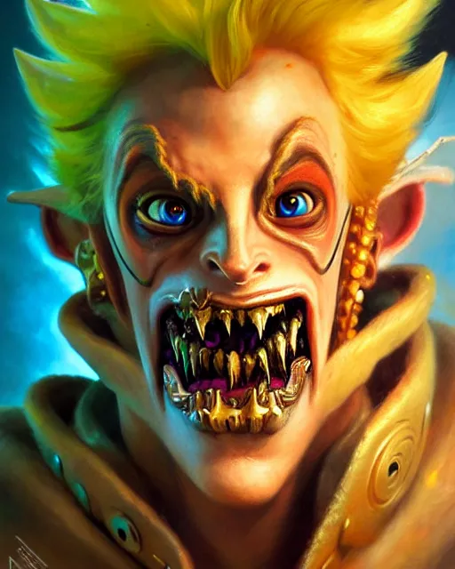 Image similar to junkrat from overwatch, fantasy, fantasy art, fantasy, colorful, elegant, character portrait, portrait, close up, highly detailed, intricate detail, amazing detail, sharp focus, vintage fantasy art, vintage sci - fi art, radiant light, caustics, by boris vallejo