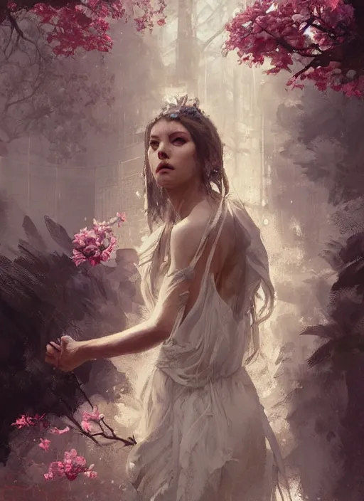 Image similar to female goddess of magnolias, beautiful face, rule of thirds, intricate outfit, backlit, by greg rutkowski, by jeremy mann, digital painting