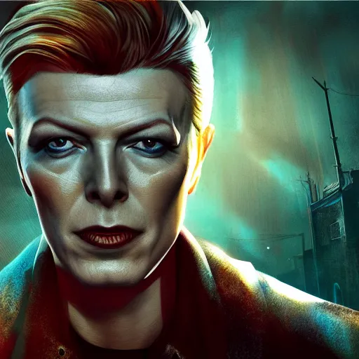 Image similar to fallout 4, charismatic david bowie, portrait, outdoors ruined cityscape, atmospheric lighting, painted, intricate, volumetric lighting, beautiful, daytime, sunny weather, slight overcast, sharp focus, deep colours, ultra detailed, by leesha hannigan, ross tran, thierry doizon, kai carpenter, ignacio fernandez rios