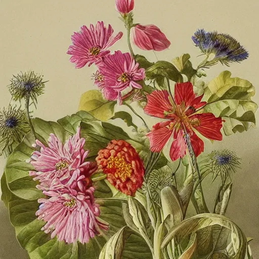 Prompt: a detailed botanical illustration on art paper of beautiful wildflowers by gerard van spaendonck, high detail,