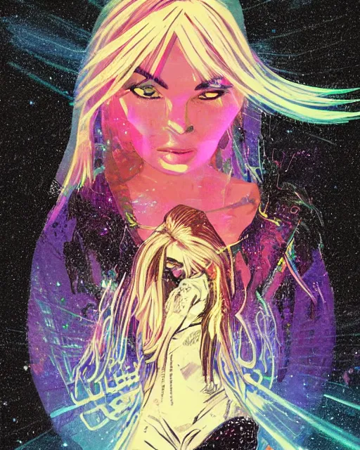 Prompt: a pulp illustration of a gorgeous kim petras in dead space, with wild blonde hair and haunted eyes, 1 9 7 0 s, space station, neon light, delicate embellishments, painterly, offset printing technique