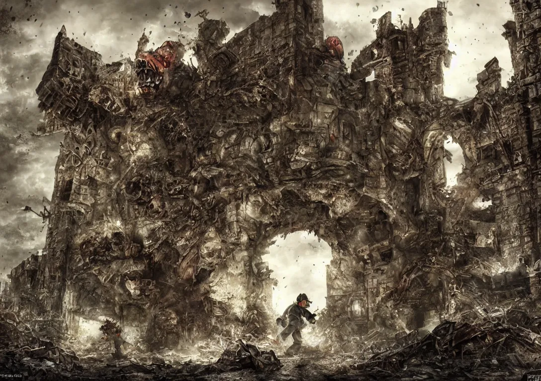 Image similar to super mario hiding behind a brick wall from Giga Bowser in the distance in a destroyed kingdom, Resident Evil virus concept art, highly detailed, horror, scary, terrifying, horrific, hd 4k