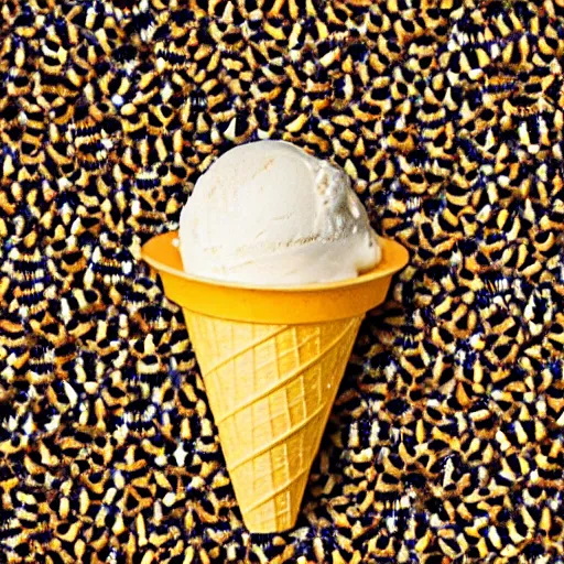 Prompt: a detailed photograph of an ice cream cone filled with nothing but bees