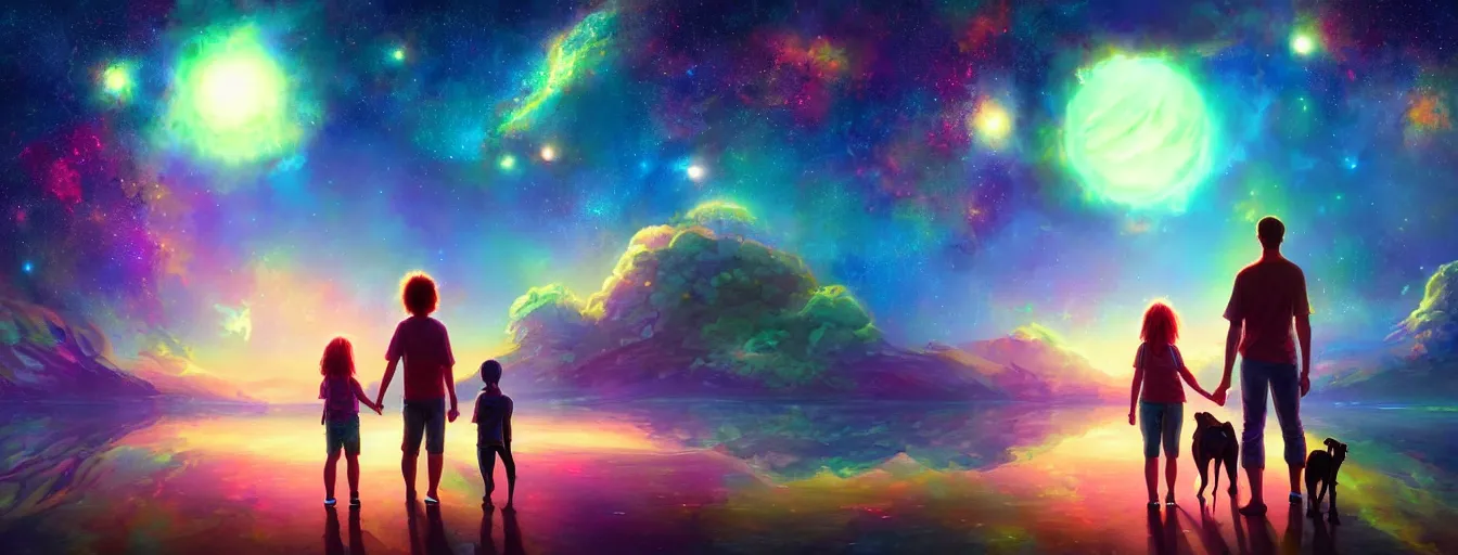 Prompt: a centered rear view of a mom dad and a kid holding hands, with a dog sitting next to them in a small green planet looking to the night sky displaying an entire colorful galaxy, digital art, epic, colorful, highly detailed, by ross tran, artstation