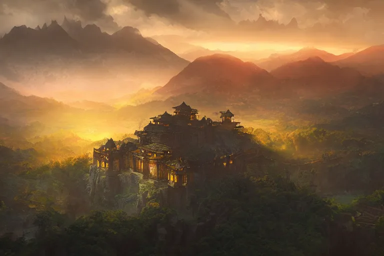 Image similar to cinematic lighting fantasy painting, aerial view of an ancient land, sunset and ominous shadows over the kingdom, valleys and farmland and villages, brutalist shiro himeji rivendell palace eden by jessica rossier