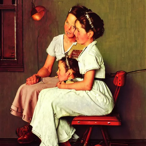 Image similar to high quality high detail painting by norman rockwell, hd, two beautiful young women are conjoined twins, photorealistic lighting