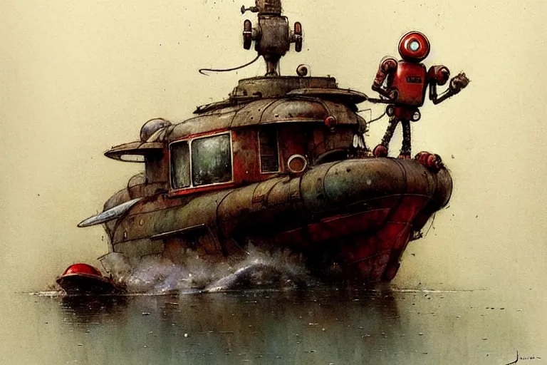 Image similar to adventurer ( ( ( ( ( 1 9 5 0 s retro future robot android mouse house boat tug boat calm stream. muted colors. ) ) ) ) ) by jean baptiste monge!!!!!!!!!!!!!!!!!!!!!!!!! chrome red