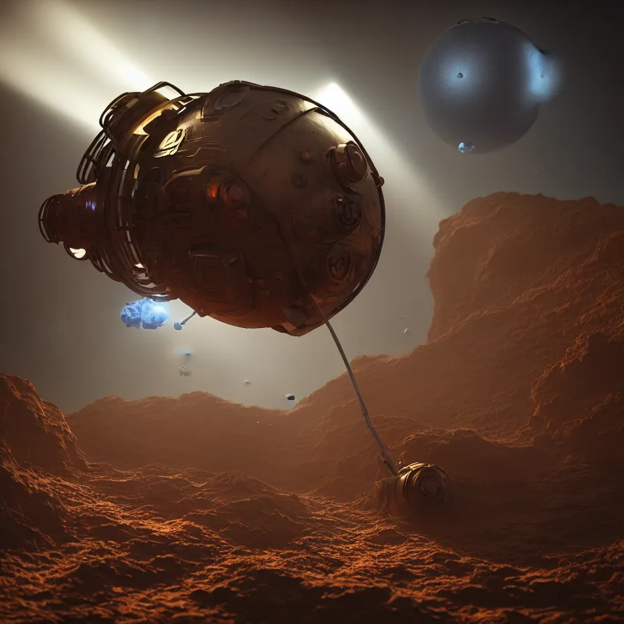 Image similar to mining device hooked to a planet, volumetric light, dynamic lights and shadows, concept art, octane, redshift, detailed